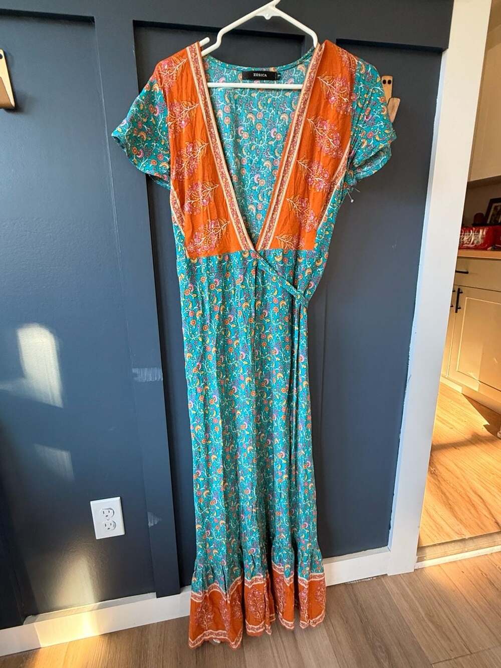 ZESICA Boho Floral Maxi Dress Size S Teal Orange Wrap V-Neck Short Sleeve